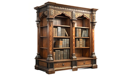 Ornate wooden bookcase with arched details and books on shelves against a white background