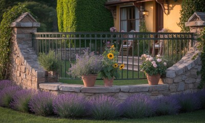 Beautiful garden terrace with flowers and stone wall at rustic home