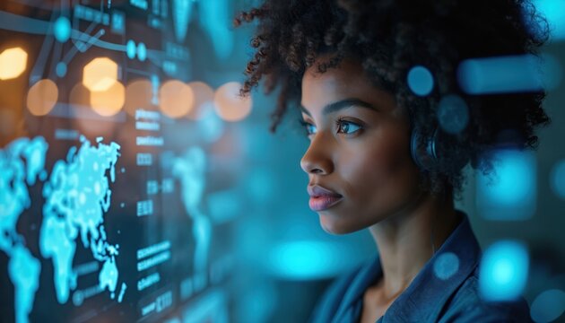 Young woman with headphones analyzes glowing world map data on futuristic screen. Global network, data analysis, customer service, outsourcing strategies. International business, remote work,