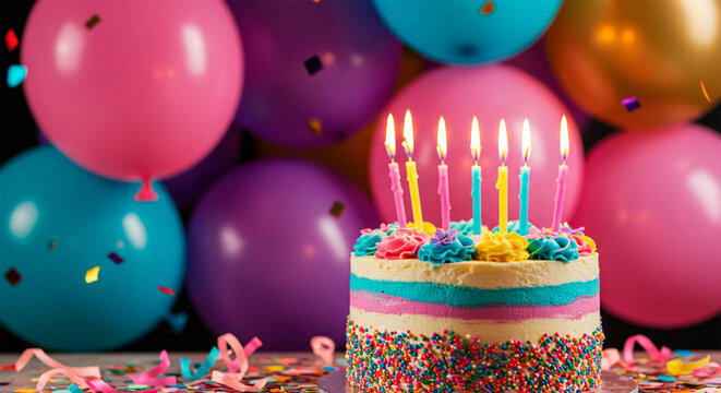 Festive birthday cake with lit candles and colorful balloons, celebrating a joyous occasion
