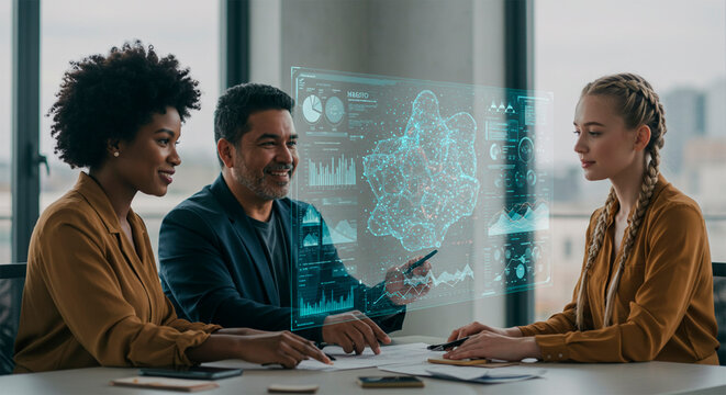 Business people engaged in an animated discussion in front of an illuminated holographic screen