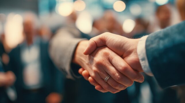 Medium shot of a professional shaking hands in agreement during a networking event with main handshake clear and the background of conference attendees gently blurred.