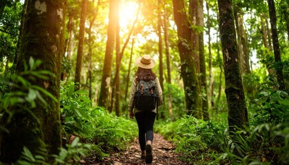 Low-angle view of a beautiful Asian girl walking through a dense tropical rainforest jungle, wearing explorer attire, captured in a cinematic shot with dramatic lighting, highlighting love adventurer