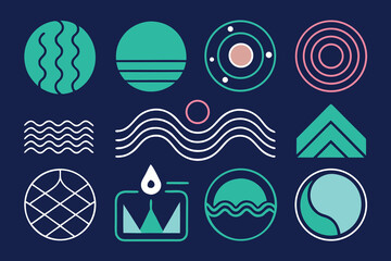 Modern abstract geometric elements composition featuring circles waves and simple shapes on a dark blue background