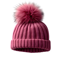 Woolen hat with pom , fabric weave and natural folds, studio product photo on a clean white background, isolated, pin-sharp detail, soft even lighting, commercial stock quality picture for design