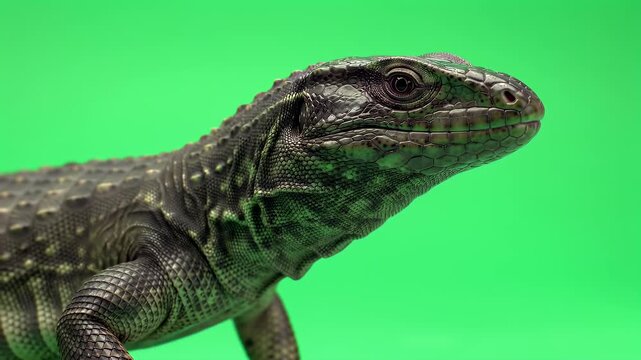 Close-up of a dark, scaly lizard, likely a Tegu, against a bright green screen background, showcasing detailed reptile skin.