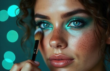 Obraz premium Woman applies bright teal eyeshadow using makeup brush. Close-up of face with freckles and blue eyes. Vibrant eye makeup highlights skin texture. Fashionable beauty look, stylish and elegant.