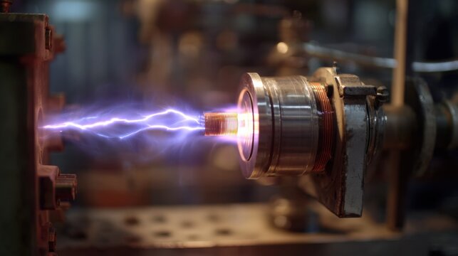 Dynamic medium shot highlighting a railgun capacitor bank middischarge rehearsal featuring vivid ionized plasma and sharp detail on the capacitor unit blurred surroundings.