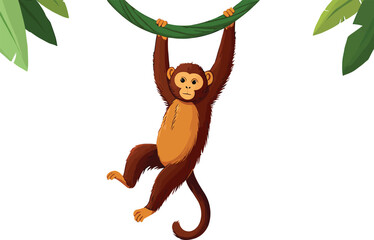 Adorable Cartoon Monkey Hanging from Vine, Jungle Theme, Playful Mood, White Background, Vector Illustration