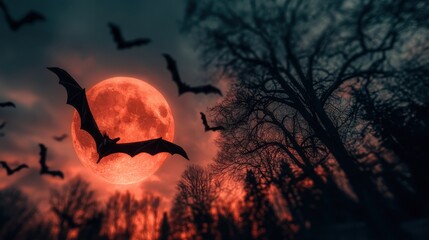 Nuit magique d'Halloween avec pleine lune et chauves-souris dans le ciel