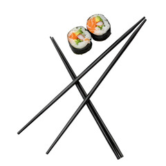 Two maki sushi rolls with crossed chopsticks, Japanese cuisine