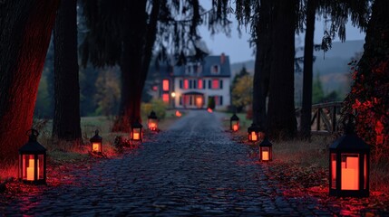Chemin myst&eacute;rieux illumin&eacute; pour Halloween devant une maison historique