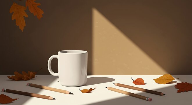A still life with a white mug, autumn leaves, and pencils on a white surface with a brown backdrop