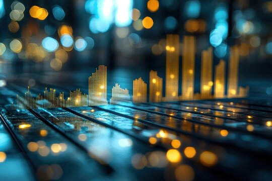 Blurred city lights overlaid with bar graph on dark wooden surface