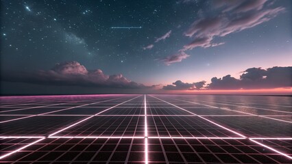 A futuristic neon grid extends across a reflective surface under a starry sky, meeting colorful clouds and a vibrant horizon.