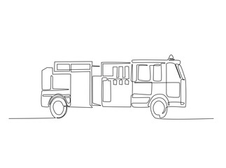Fire truck outline illustration. Continuous line art drawing of fire truck vehicle. Editable stroke.