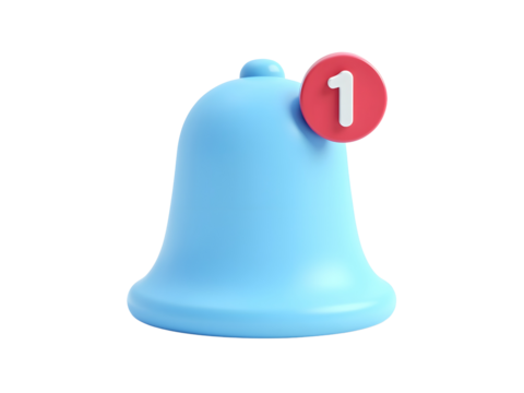 blue bell with red notification icon, 3d render, minimalist, simple, clean design, high delail