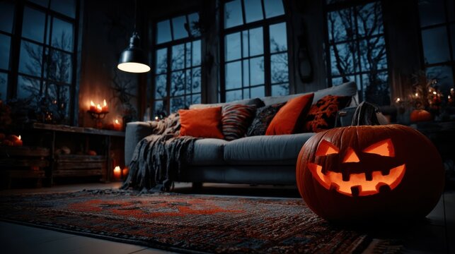 Ambiance chaleureuse d'Halloween dans un salon d&eacute;cor&eacute; de citrouilles et de bougies