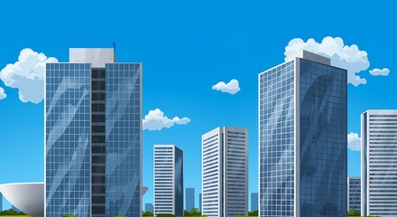 Naklejka premium Cartoon city skyline with tall buildings and blue sky with white clouds in the background illustration