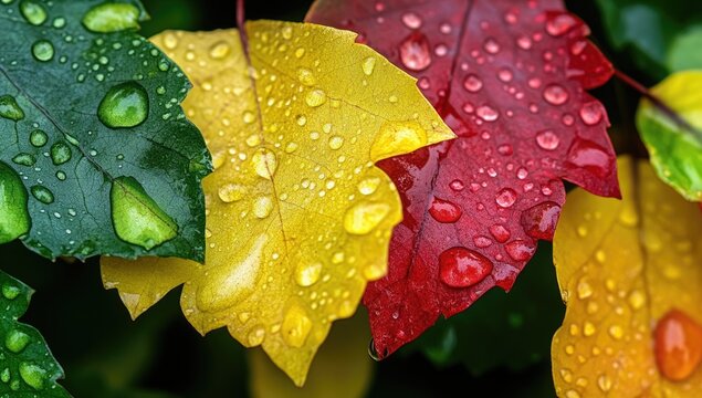 Close-up of vibrant green, yellow, and red leaves with water droplets on them.