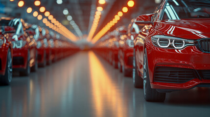 Striking view of vibrant red luxury sedan in sharp focus, leading long line of similar vehicles extending into brightly lit, blurred automotive production facility or showroom with polished reflective