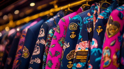 Vibrant display of richly embellished blazers and jackets featuring bold floral patterns, intricate gold detailing, and contrasting navy and fuchsia hues on retail rack