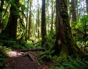 Lush temperate rainforest with sunbeams filtering through tall, moss-covered trees and a winding forest path.