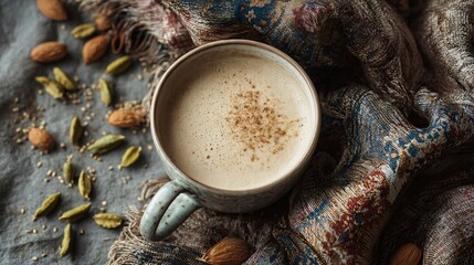 Cozy flat lay of a creamy cardamom latte with scattered spices and a fall scarf