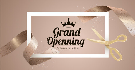 Grand Opening Event. Festive Ceremony Ribbon Cutting with Golden Scissors.