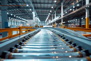 Fototapeta premium Modern, automated conveyor belt system in large distribution warehouse or factory