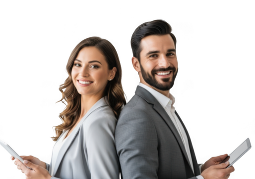 Smiling business couple holding tablets isolated on transparent background