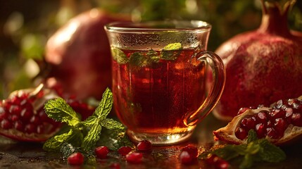 Fresh pomegranate tea with mint leaves, backlit with fall sun