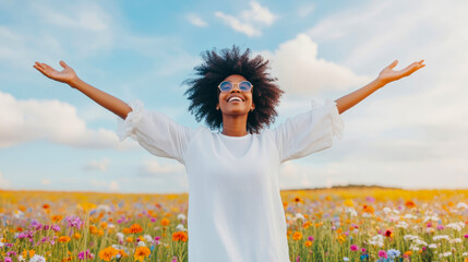 Joyful young woman with outstretched arms embracing nature in vibrant wildflower meadow under beautiful blue sky