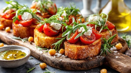 Bruschetta with tomatoes, cheese, and greens on a wooden board, olive oil aside