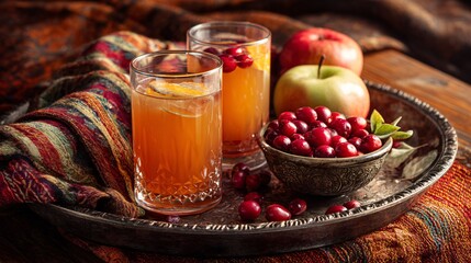 Kombucha and fall fruit tray with warm rustic styling and textured napkins