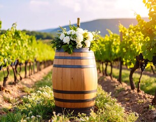 Wooden barrel with white flowers in vineyard