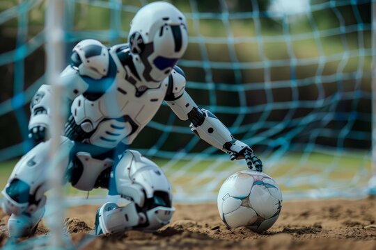 Advanced humanoid robot goalkeeper kneeling on the ground and placing its hand on a soccer ball in front of a net