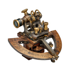 Vintage brass and wooden sextant navigation instrument with telescope and adjustment knobs isolated on transparent background