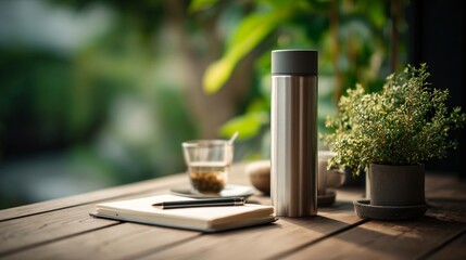 Minimalist tabletop with tea thermos, foliage, and journaling items