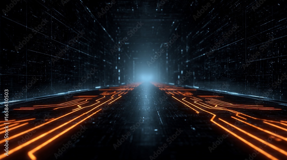 Canvas Prints digital corridor with orange circuits leading to a bright light at the end