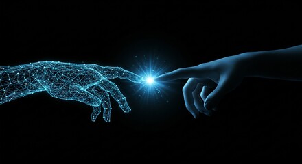 Digital Connection: Depicts a glowing interaction between a digital hand made of lines and dots and a solid human-like hand
