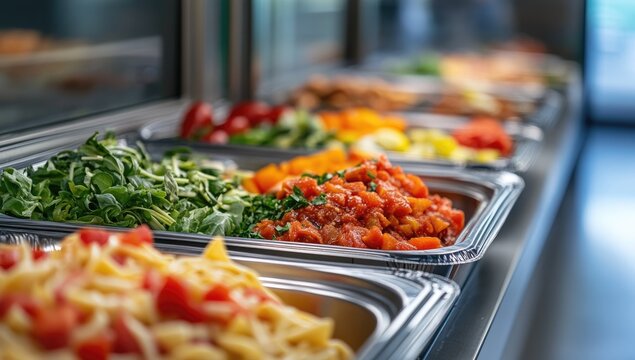A photograph of school lunch food lines, showing healthy choices like vegetables and fruits in stainless steel plates on the counter, b - Powered by Adobe