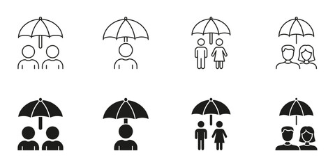 People Under Umbrella Line And Solid Icon Set. Insurance, Protection, Safety, And Security Symbol Collection. Shelter And Care Concepts. Isolated Vector Illustration