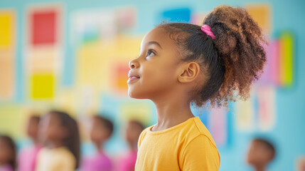 Close-up profile of attentive young African American girl with curly hair looking up thoughtfully in colorful, vibrant classroom setting.