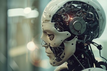 Fototapeta premium Profile view of futuristic humanoid robot head, revealing intricate internal mechanics, wiring, and glowing components
