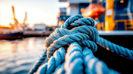 Close-up of sturdy blue nautical rope secured with knot, bathed in warm golden hour light against blurred backdrop of bustling harbor with boats and industrial cranes