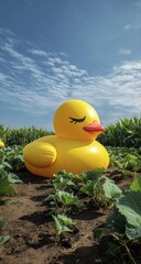 Giant yellow rubber duck in a field