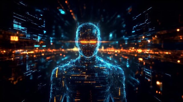 Futuristic digital 3D hologram. A highresolution digital artwork of a humanoid figure with glowing red eyes, set against a backdrop of a digital cityscape.