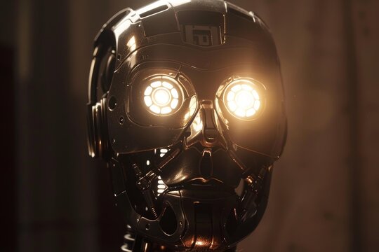 Close up of a futuristic robot head with glowing eyes, showcasing advanced ai technology