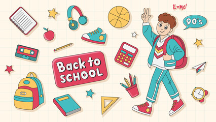 Back to school. Boy goes to school. Set of elements. Retro 90s style. Vector illustration. Student, backpack, textbook, formula, ruler, ball, calculator. Background - notebook.